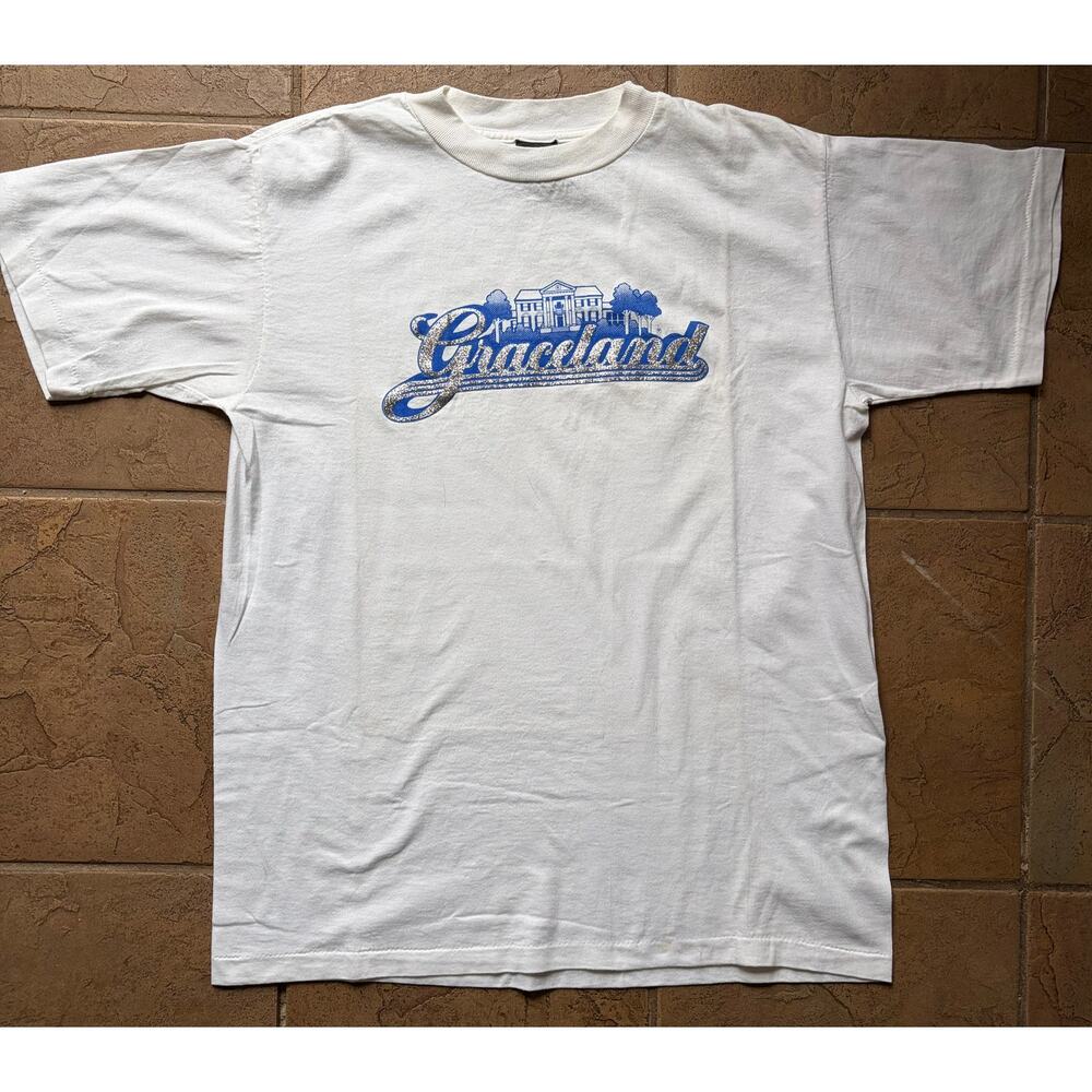Vintage 1980's Graceland Elvis T-Shirt Glitter Graphic Single Stitch Tee Large